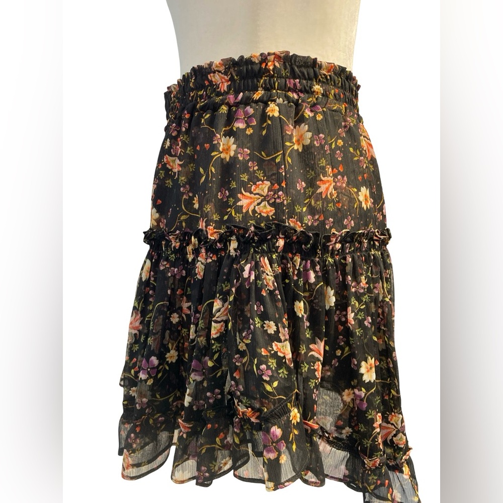 MISA Black Floral Ruffle Mini Skirt – Boho Luxe Tiered Sheer Overlay Size Small - Picture 6 of 11